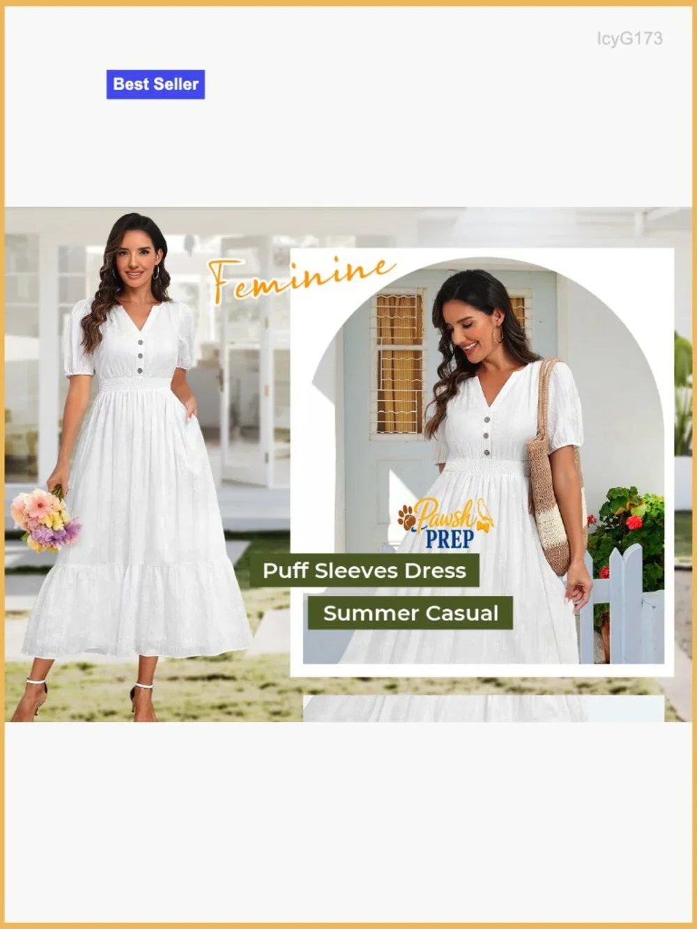 Cotton Midi Maxi Dress with Pockets, Puff Sleeves, V-Neck, Elastic Waist - Picture 7 of 7